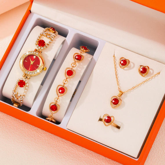 Heart-Shaped Red Gem Women's Watch & Jewelry Set (Gift Box)